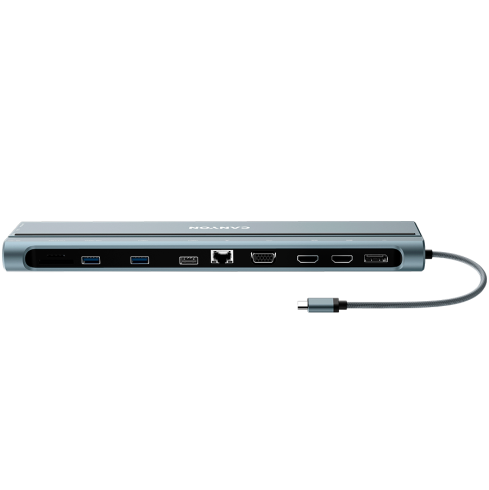 CANYON DS-90, 14 in 1 hub, with Type C female *2,Type C male *1:max 10Gbps,USBA*3:max 10Gbps,DP*1，VGA*1,SD card slot*1,TF card slot*1,Audio 3.5 audio*1,HDMI*2,RJ45*1,cable length 0.20m,Aluminum alloy housing,76*22.5*301mm,Dark grey