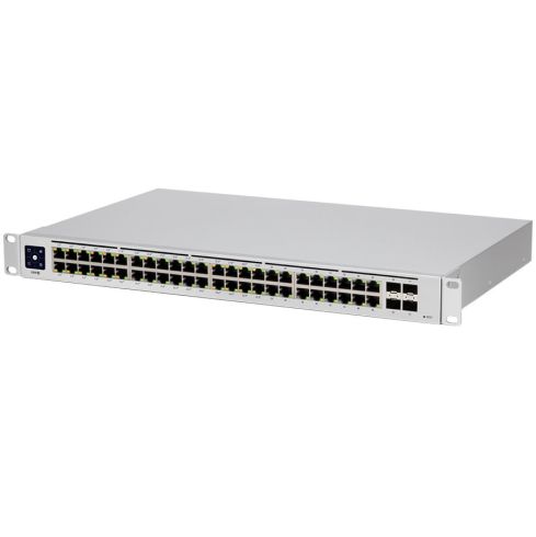 Ubiquiti USW-48-PoE, comutator PoE Layer 2, 32 x GbE PoE+, 16 x porturi GbE, 4 x porturi SFP 1G, Putere PoE totală de 195 W, fără ventilator, răcire silențioasă, protecție ESD/EMP, afișaj LCM cu ecran tactil de 1,3 inchi, montare în rack (Kit inclus)