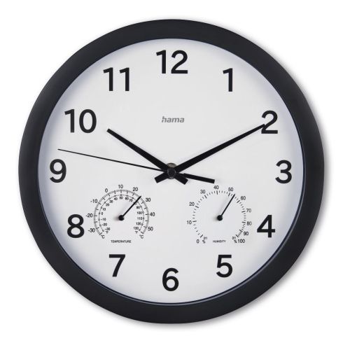 Hama "Malta" Wall Clock, &Oslash; 25 cm, w. Thermometer / Hygrometer, No Ticking, black