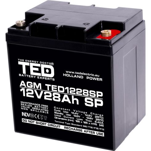 Lead Battery  AGM  12V / 26 Ah/28,5Ah  - 166 / 176 / 125mm терминал F13(M5) TED ELECTRIC