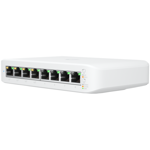 UBIQUITI Lite 8 PoE; (4) GbE PoE+, (4) porturi GbE; Disponibilitate totală PoE de 52 W; Montabil pe perete.