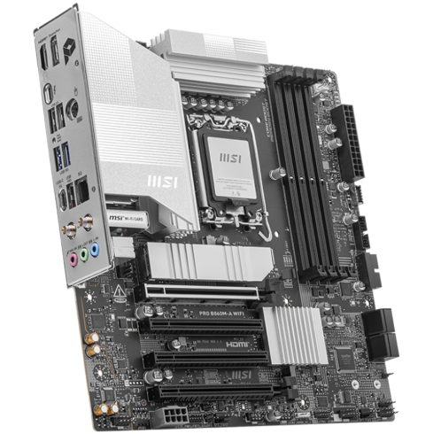 MSI PRO B860M-A WIFI, mATX, LGA 1851, 4x DDR5 Dual Channel DDR5 up to 8600(OC)MHz, 4x PCIe x16 slot, 3x M.2 slot, 2x USB 2.0, 2x USB 5Gbps, 1x USB 10Gbps, 1x USB 5Gbps Type-C, HDMI, DP, 7.1 HD Audio, 5G LAN, WiFi , BT, 3Y