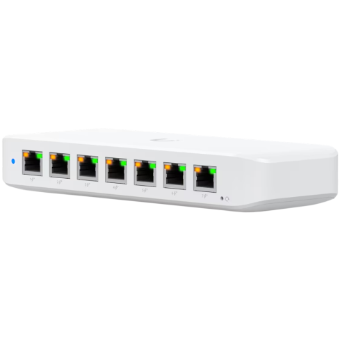 Ubiquiti USW-Ultra Layer 2, 8-port GbE PoE switch with versatile mounting options: 7x GbE PoE+ output ports, 1 xGbE PoE++ input port