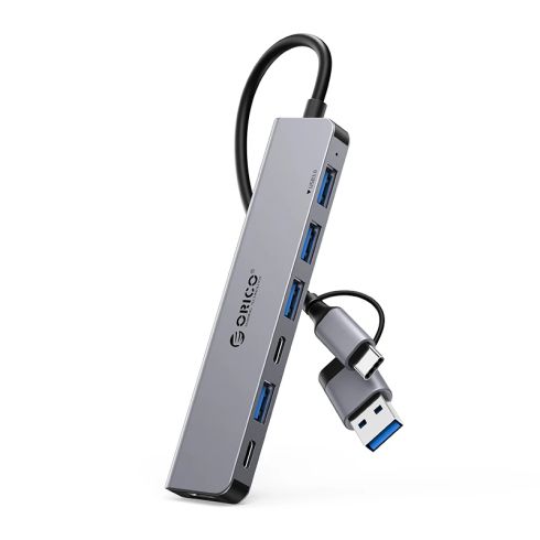 Orico хъб HUB USB-C/USB-A 7 port - USB-C x 2, USB3.0 x 1, USB2.0 x 4, Aluminium - YSA7-U3-GY