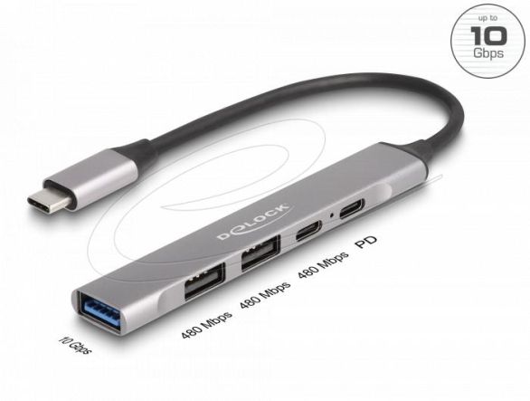 Delock 4 Port Slim USB Type-C™ Hub with 1 x USB 10 Gbps Type-A + 2 x USB 2.0 Type-A + 1 x USB 2.0 USB Type-C™ and PD 95 W