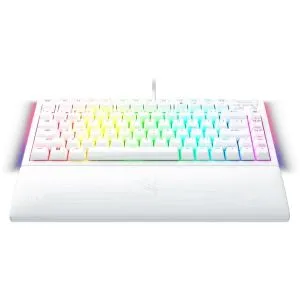 Razer BlackWidow V4 75% alb, tastatură pentru jocuri, aspect SUA, design interschimbabil la cald, aspect compact 75% cu carcasă din aluminiu, comutatoare mecanice (tactile), Razer Chroma RGB, rolă media dedicată cu 2 butoane media dedicate, cablu tip C de