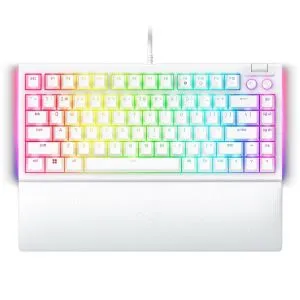 Razer BlackWidow V4 75% alb, tastatură pentru jocuri, aspect SUA, design interschimbabil la cald, aspect compact 75% cu carcasă din aluminiu, comutatoare mecanice (tactile), Razer Chroma RGB, rolă media dedicată cu 2 butoane media dedicate, cablu tip C de