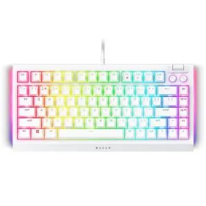 Razer BlackWidow V4 75% alb, tastatură pentru jocuri, aspect SUA, design interschimbabil la cald, aspect compact 75% cu carcasă din aluminiu, comutatoare mecanice (tactile), Razer Chroma RGB, rolă media dedicată cu 2 butoane media dedicate, cablu tip C de