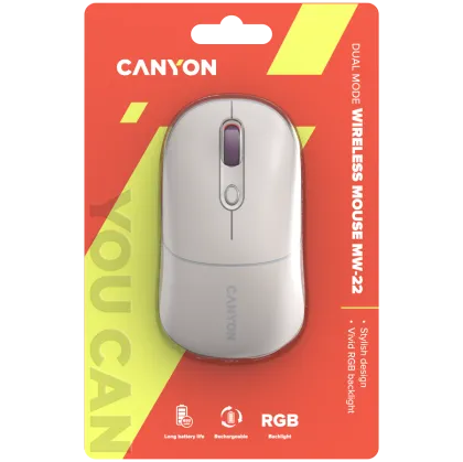 CANYON MW-22, 2 in 1 Wireless optical mouse with 4 buttons, Silent switch for right/left keys, DPI 800/1200/1600, 2 mode(BT/ 2.4GHz), 650mAh Li-poly battery, RGB backlight, Rice, cable length 0.8m, 110*62*34.2mm, 0.085kg