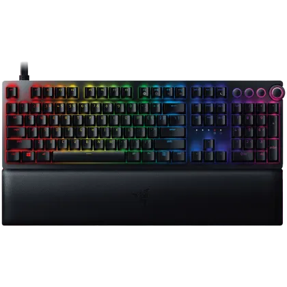 Razer Huntsman V2, tastatură optică pentru jocuri cu latență de intrare aproape de zero (comutator optic clic), aspect SUA, taste PBT Doubleshot, spumă de amortizare a sunetului, Razer Chroma™ RGB, frecvență de sondare de până la 8000 Hz, placă superioară