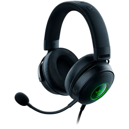 Razer Kraken V3, Gaming Headset, Detachable HyperClear Cardioid Mic, TriForce Titanium 50mm Drivers, Heat-Transfer Fabric/Leatherette/Memory Foam Earpads, THX Spatial Audio, Powered by Razer Chroma™ RGB, USB-A