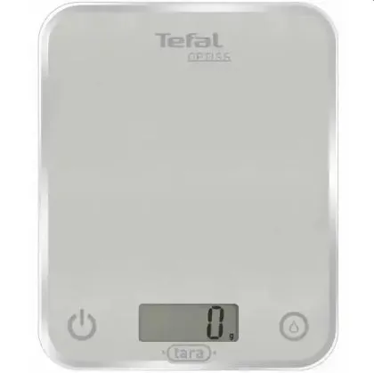 Cantar Tefal BC5004V2, argintiu Optiss, sticla ultra slim, gradare 5 kg/1g/ml, tara, functie lichid, 2 baterii LR03 AAA incluse, marcaje noi pe produs