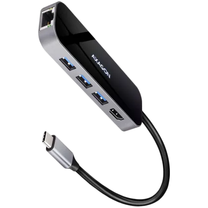 Hub Axagon Multiport USB 3.2 Gen 1. HDMI, Gigabit LAN și livrare de energie. Cablu USB-C de 20 cm.