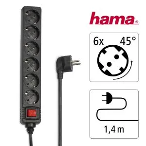 Priză HAMA 30394, 6 prize, 1,4 m, neagră, cu buton pornit/oprit