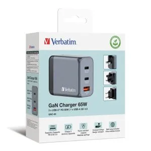 Încărcător Verbatim GNC-65 GaN încărcător 3 porturi 65W USB A/C (UE/UK/SUA)