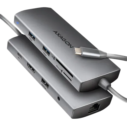 AXAGON HMC-8HLSA USB-C 3.2 Gen 1 hub, 3x USB-A + 4K/30Hz HDMI + SD/microSD, GLAN, Audio, PD 100W, 20cm USB-C cable