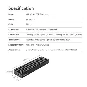 Orico Storage - Case - M.2 NVMe M-key 10 Gbps - M2PV-C3-BK-BP