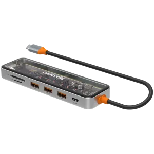 CANYON DS-13, USB-hub, Size: 137.9mm*42.7mm*15mm Weight: 167.5gCable length: 155mm Material: Zinc alloy+Tempered glass+TPE Port: Type-C To USB3.0*3(5Gbps)+SD /TF 3.0(5Gbps)+HDMI(4K@30Hz),Space Gray