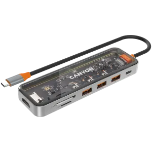 CANYON DS-13, USB-hub, Size: 137.9mm*42.7mm*15mm Weight: 167.5gCable length: 155mm Material: Zinc alloy+Tempered glass+TPE Port: Type-C To USB3.0*3(5Gbps)+SD /TF 3.0(5Gbps)+HDMI(4K@30Hz),Space Gray