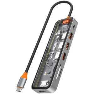 CANYON DS-13, USB-hub, Size: 137.9mm*42.7mm*15mm Weight: 167.5gCable length: 155mm Material: Zinc alloy+Tempered glass+TPE Port: Type-C To USB3.0*3(5Gbps)+SD /TF 3.0(5Gbps)+HDMI(4K@30Hz),Space Gray