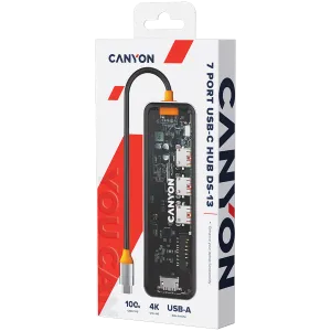 CANYON DS-13, USB-hub, Size: 137.9mm*42.7mm*15mm Weight: 167.5gCable length: 155mm Material: Zinc alloy+Tempered glass+TPE Port: Type-C To USB3.0*3(5Gbps)+SD /TF 3.0(5Gbps)+HDMI(4K@30Hz),Space Gray