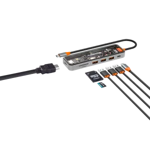 CANYON DS-13, USB-hub, Size: 137.9mm*42.7mm*15mm Weight: 167.5gCable length: 155mm Material: Zinc alloy+Tempered glass+TPE Port: Type-C To USB3.0*3(5Gbps)+SD /TF 3.0(5Gbps)+HDMI(4K@30Hz),Space Gray