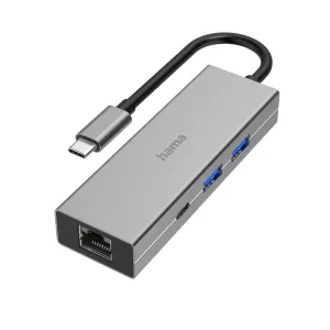 Hub HAMA USB-C cu 4 porturi, 2 x USB-A, USB-C, LAN/Ethernet, gri