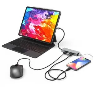 Hub HAMA USB-C cu 4 porturi, 2 x USB-A, USB-C, LAN/Ethernet, gri