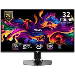 MSI MAG 321UPX QD-OLED Gaming Monitor, 32" 240Hz, UHD (3840x2160) 16:9, QD-OLED Anti-Reflection, 0.03ms, 250nits, 1500000:1, 178°/178°, Adaptive sync, Adjustable Stand, 1x DP, 2x HDMI, 1xType-C, 1xHeadphone out, 3Y Warranty