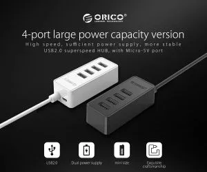 Orico hub USB2.0 HUB 4 porturi - intrare USB/Micro USB, negru - W5P-U2-100-BK-EP