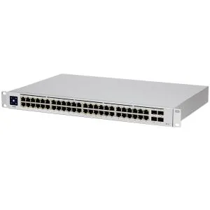 Ubiquiti USW-48-PoE, comutator PoE Layer 2, 32 x GbE PoE+, 16 x porturi GbE, 4 x porturi SFP 1G, Putere PoE totală de 195 W, fără ventilator, răcire silențioasă, protecție ESD/EMP, afișaj LCM cu ecran tactil de 1,3 inchi, montare în rack (Kit inclus)