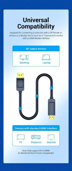 Cablu Vention Cablu DisplayPort la HDMI 3.0m - 4K, placat cu aur - HAGBI