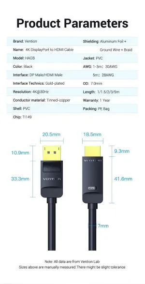 Cablu Vention Cablu DisplayPort la HDMI 3.0m - 4K, placat cu aur - HAGBI