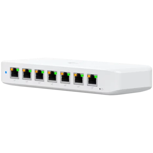 Ubiquiti USW-Ultra Layer 2, 8-port GbE PoE switch with versatile mounting options: 7x GbE PoE+ output ports, 1 xGbE PoE++ input port