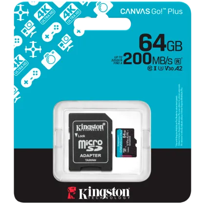 Kingston 64GB microSDXC Canvas Go Plus Gen4 200MB/s A2 U3 V30 Card + Adapter