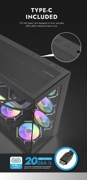 Darkflash Case ATX - DS900 Black - USB-C