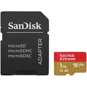SanDisk Extreme microSDXC 1TB + SD Adapter + 1 year RescuePRO Deluxe up to 190MB/s & 130MB/s Read/Write speeds A2 C10 V30 UHS-I U3