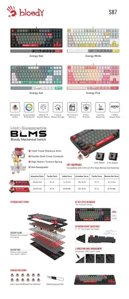 А4tech Геймърска механична  клавиатура Bloody Energy Pink S87 BLMS TKL RGB Backlit red switch , USB
