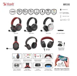 A4tech Bloody МR-590 Геймърски безжични слушалки с микрофон,Bluetooth 3.5мм жак, черен