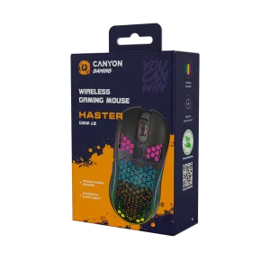Canyon 7keys Gaming 2.4G wireless mouse, KA8 sensor, DPI up to 1600, rubber coating on panel, Huano 1million switch, 45cm PVC cable, ABS material. 400mAh battery, size: 125.8*63.7*41mm, weight: 95g, Black