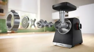 Месомелачка Bosch MFWS650B, SER6, Meat mincer - MultiPower 2100 W, Planetary gearbox, 3,5 kg/min, kebbe attachment, sausage attachment, fruit press attachment, reverse function, Black