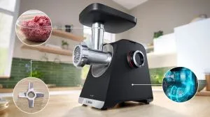 Месомелачка Bosch MFWS650B, SER6, Meat mincer - MultiPower 2100 W, Planetary gearbox, 3,5 kg/min, kebbe attachment, sausage attachment, fruit press attachment, reverse function, Black