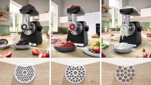 Месомелачка Bosch MFWS650B, SER6, Meat mincer - MultiPower 2100 W, Planetary gearbox, 3,5 kg/min, kebbe attachment, sausage attachment, fruit press attachment, reverse function, Black