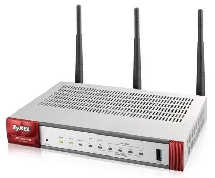 ZyXEL USG20W-VPN Firewall, 802.11ac/n Wireless (3x3/80MHz), 10x VPN (IPSec/L2TP), up to 15 SSL (5 included), 1x WAN, 1x SFP, 4x LAN/DMZ, 1x USB port , Optional: Content Filtering, Antispam (licenses)