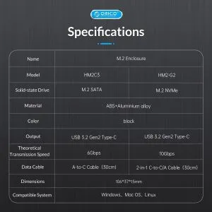Orico Storage - Case - M.2 NVMe M key - USB3.1 Gen2 Type-C, 10Gbps - HM2-G2-BK