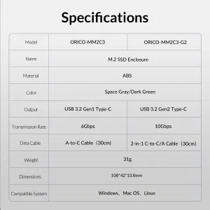Orico Storage - Case - M.2 NVMe M-key 10 Gbps Dark Green - MM2C3-G2-GR