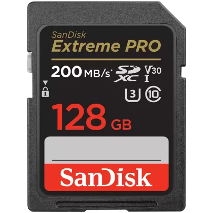 Card de memorie SDXC SanDisk Extreme PRO 128 GB + 2 ani RescuePRO Deluxe până la 200 MB/s și 90 MB/s viteze de citire/scriere, UHS-I, clasa 10, U3, V30, EAN: 619659188634