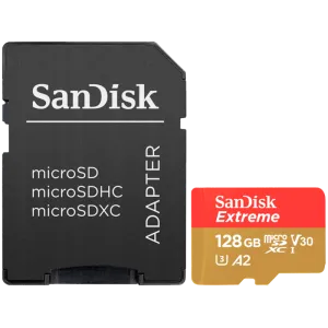SanDisk Extreme microSDXC 128GB + SD Adapter + 1 year RescuePRO Deluxe up to 190MB/s & 90MB/s Read/Write speeds A2 C10 V30 UHS-I U3