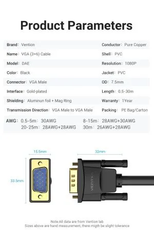 Cablu cablu monitor Vention VGA HD15 M / M 2,0 m placat cu aur, 2 ferite - DAEBH
