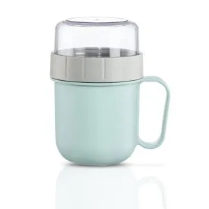 Xavax Cereal Mug To Go, with Topper, 2 Compartments, 500 + 200 ml, pastel blue/grey